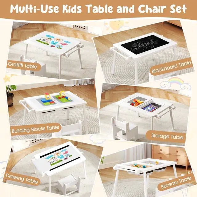Alt view image 2 of 6 - Kids Table and Chair, 6 in 1 Sensory Desk Set w/Storage Bins, White & Black Board, Building Blocks and Paper Roll for Drawing & Sand Water Playing, Toddler Table and Chair Set (White)