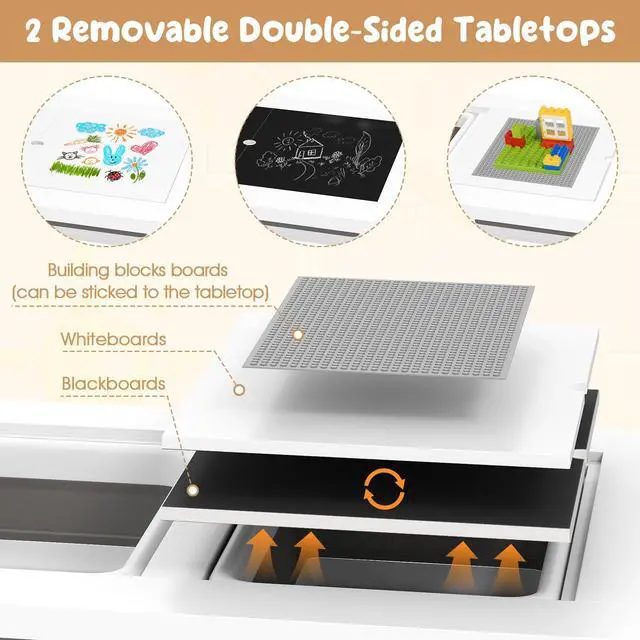 Alt view image 3 of 6 - Kids Table and Chair, 6 in 1 Sensory Desk Set w/Storage Bins, White & Black Board, Building Blocks and Paper Roll for Drawing & Sand Water Playing, Toddler Table and Chair Set (White)