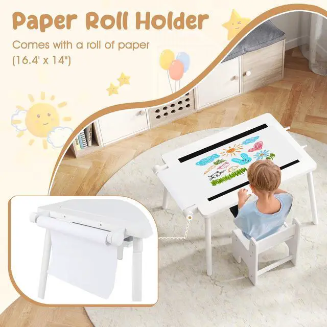 Alt view image 4 of 6 - Kids Table and Chair, 6 in 1 Sensory Desk Set w/Storage Bins, White & Black Board, Building Blocks and Paper Roll for Drawing & Sand Water Playing, Toddler Table and Chair Set (White)