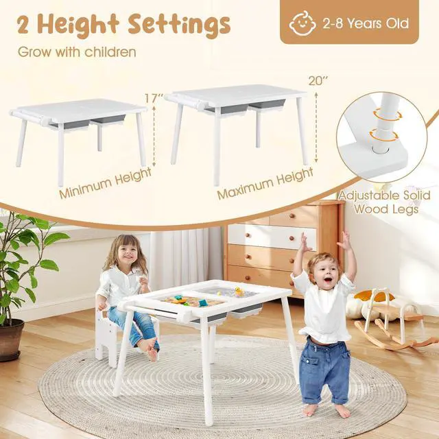 Alt view image 6 of 6 - Kids Table and Chair, 6 in 1 Sensory Desk Set w/Storage Bins, White & Black Board, Building Blocks and Paper Roll for Drawing & Sand Water Playing, Toddler Table and Chair Set (White)