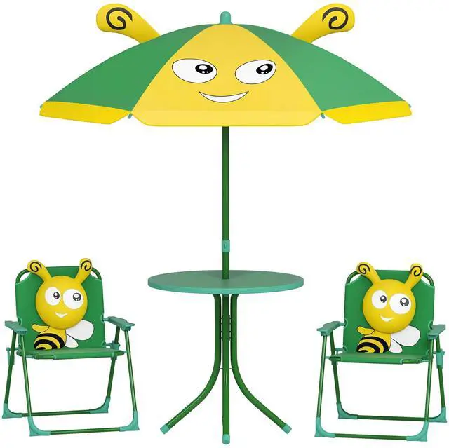 Main image of Kids Picnic Table and Chair Set, Outdoor Activity Table with Foldable Chairs, Removable Umbrella, Bee Pattern Toddler Patio Furniture for Backyard, Garden, Green