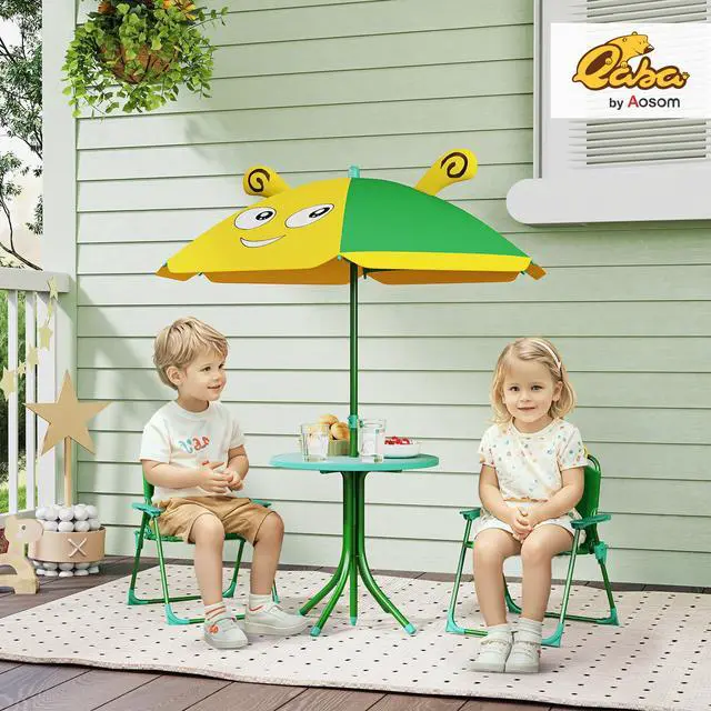 Alt view image 2 of 6 - Kids Picnic Table and Chair Set, Outdoor Activity Table with Foldable Chairs, Removable Umbrella, Bee Pattern Toddler Patio Furniture for Backyard, Garden, Green
