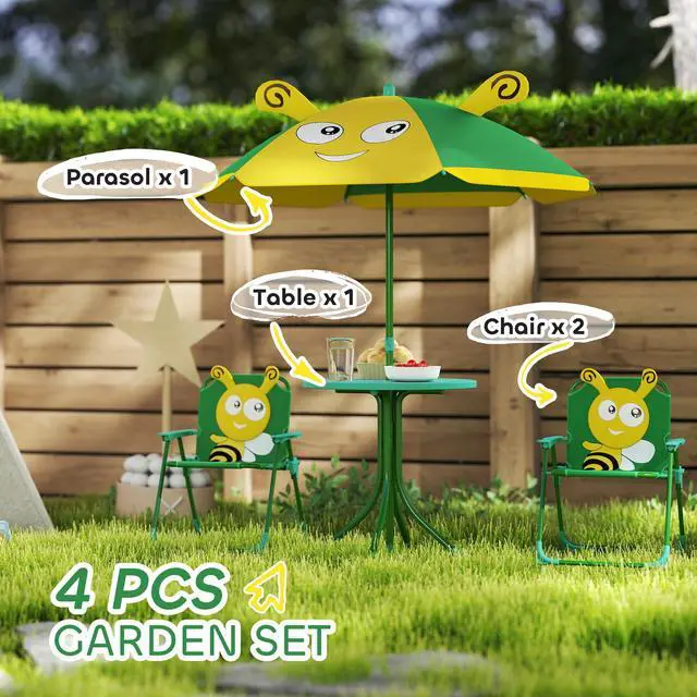 Alt view image 3 of 6 - Kids Picnic Table and Chair Set, Outdoor Activity Table with Foldable Chairs, Removable Umbrella, Bee Pattern Toddler Patio Furniture for Backyard, Garden, Green