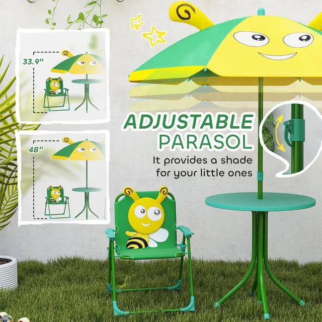 Alt view image 4 of 6 - Kids Picnic Table and Chair Set, Outdoor Activity Table with Foldable Chairs, Removable Umbrella, Bee Pattern Toddler Patio Furniture for Backyard, Garden, Green