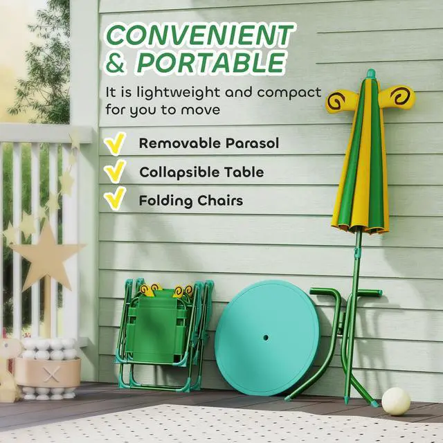 Alt view image 5 of 6 - Kids Picnic Table and Chair Set, Outdoor Activity Table with Foldable Chairs, Removable Umbrella, Bee Pattern Toddler Patio Furniture for Backyard, Garden, Green
