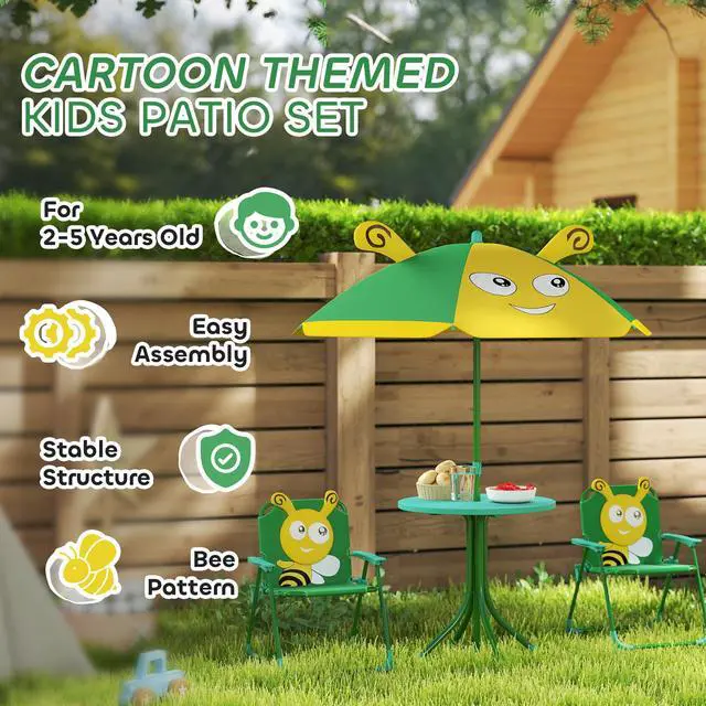 Alt view image 6 of 6 - Kids Picnic Table and Chair Set, Outdoor Activity Table with Foldable Chairs, Removable Umbrella, Bee Pattern Toddler Patio Furniture for Backyard, Garden, Green