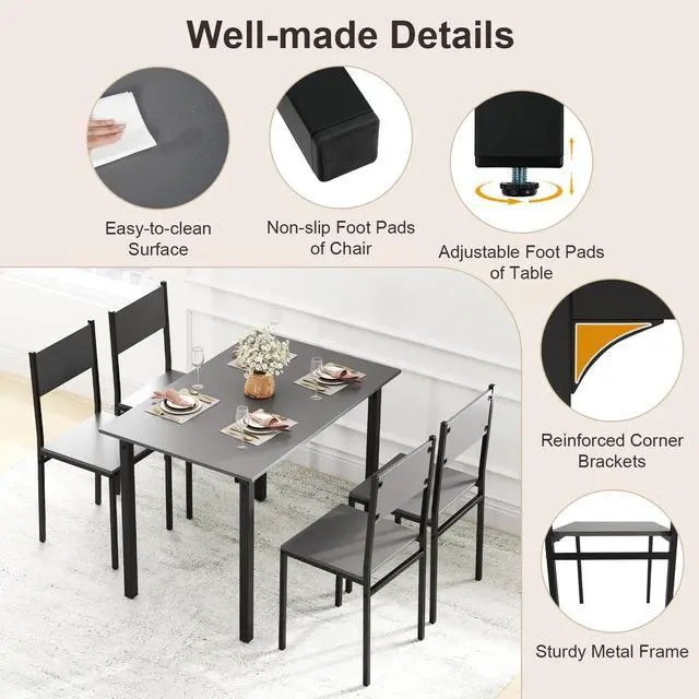 Alt view image 6 of 6 - Dining Table Set for 4, Retro Kitchen Table and Chairs Set for 4, Metal Frame, Space-Saving Table and Chairs Set of 4 for Small Place, Living Room, Breakfast Nook