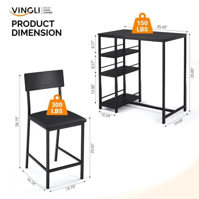 Alt view image 2 of 6 - Dining Table Set for 2, Kitchen Breakfast Counter Height Small 3 Piece Bar Table and Chairs Set with Storage, Black