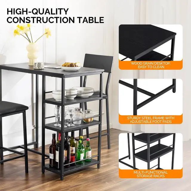 Alt view image 3 of 6 - Dining Table Set for 2, Kitchen Breakfast Counter Height Small 3 Piece Bar Table and Chairs Set with Storage, Black