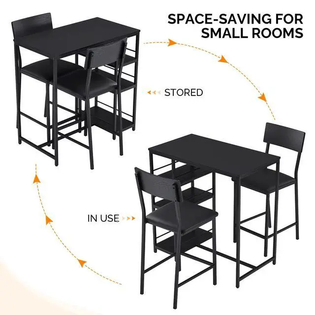Alt view image 5 of 6 - Dining Table Set for 2, Kitchen Breakfast Counter Height Small 3 Piece Bar Table and Chairs Set with Storage, Black