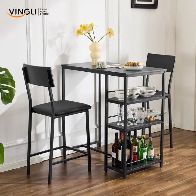 Alt view image 6 of 6 - Dining Table Set for 2, Kitchen Breakfast Counter Height Small 3 Piece Bar Table and Chairs Set with Storage, Black