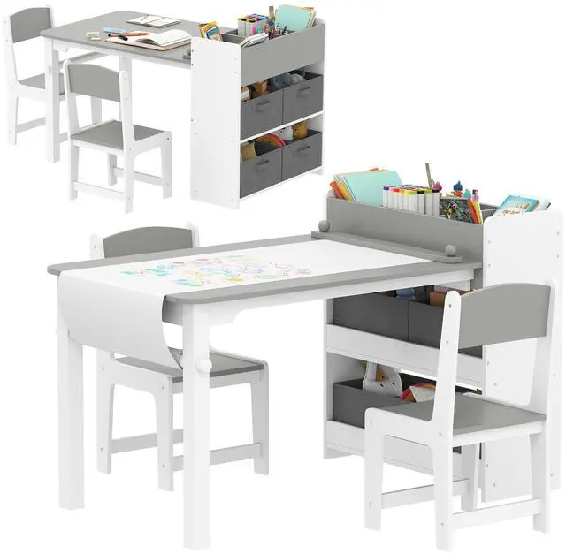 Main image of Kids Art Table & Easel Chair Set with Paper Roll, Toddler Desk and Chairs Set with Storage Shelves and Drawers, Activity Craft and Play Table for Writing Drawing Aged 3-8 Years Old, Gray