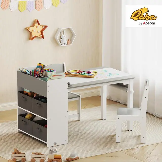 Alt view image 2 of 6 - Kids Art Table & Easel Chair Set with Paper Roll, Toddler Desk and Chairs Set with Storage Shelves and Drawers, Activity Craft and Play Table for Writing Drawing Aged 3-8 Years Old, Gray