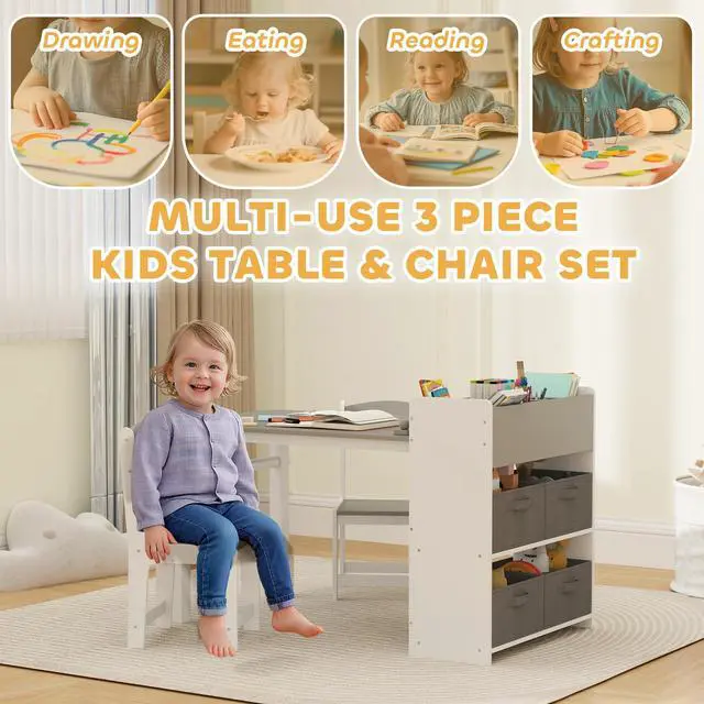 Alt view image 3 of 6 - Kids Art Table & Easel Chair Set with Paper Roll, Toddler Desk and Chairs Set with Storage Shelves and Drawers, Activity Craft and Play Table for Writing Drawing Aged 3-8 Years Old, Gray
