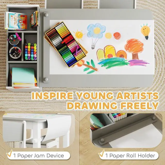 Alt view image 4 of 6 - Kids Art Table & Easel Chair Set with Paper Roll, Toddler Desk and Chairs Set with Storage Shelves and Drawers, Activity Craft and Play Table for Writing Drawing Aged 3-8 Years Old, Gray