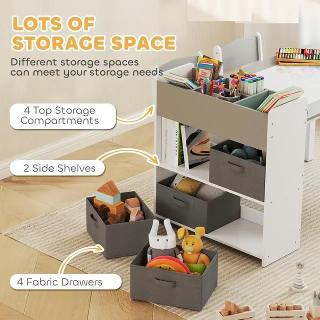 Alt view image 5 of 6 - Kids Art Table & Easel Chair Set with Paper Roll, Toddler Desk and Chairs Set with Storage Shelves and Drawers, Activity Craft and Play Table for Writing Drawing Aged 3-8 Years Old, Gray