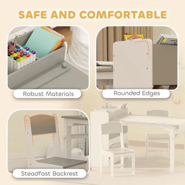 Alt view image 6 of 6 - Kids Art Table & Easel Chair Set with Paper Roll, Toddler Desk and Chairs Set with Storage Shelves and Drawers, Activity Craft and Play Table for Writing Drawing Aged 3-8 Years Old, Gray
