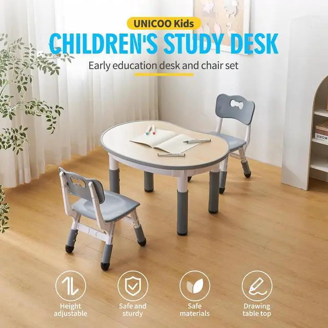 Alt view image 2 of 6 - Kids Round Activity Table and Chairs Set, Height Adjustable Plastic Children Art Desk with 2 Seats, Kids Set Table Set