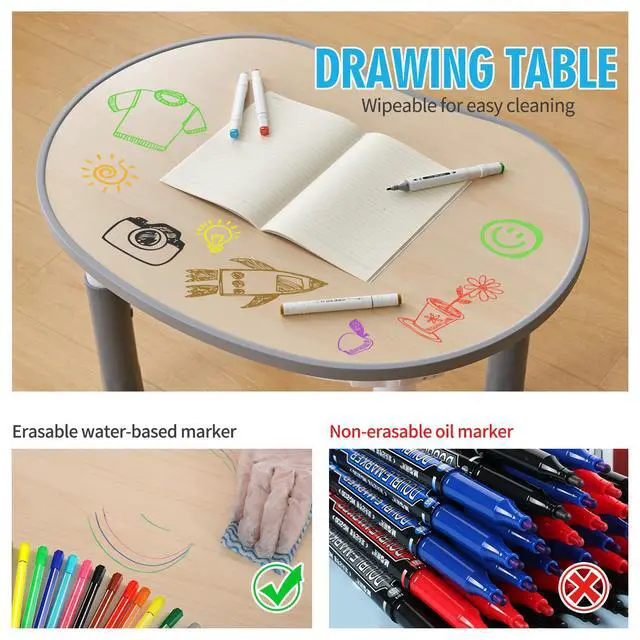 Alt view image 3 of 6 - Kids Round Activity Table and Chairs Set, Height Adjustable Plastic Children Art Desk with 2 Seats, Kids Set Table Set