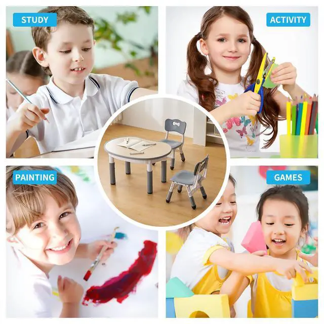 Alt view image 4 of 6 - Kids Round Activity Table and Chairs Set, Height Adjustable Plastic Children Art Desk with 2 Seats, Kids Set Table Set
