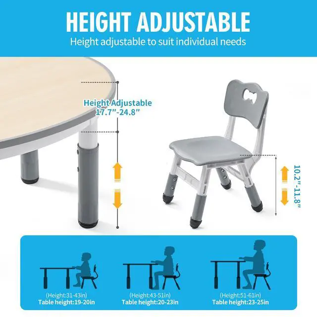 Alt view image 6 of 6 - Kids Round Activity Table and Chairs Set, Height Adjustable Plastic Children Art Desk with 2 Seats, Kids Set Table Set