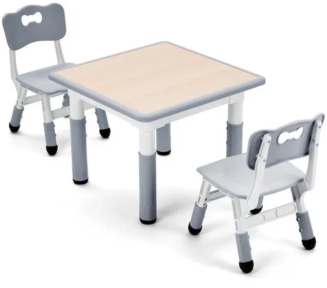 Main image of Kids 23""x23"" Three Piece Study Table and Chairs Set, Height Adjustable Plastic Children Art Desk with 2 Seats, Kids Multipurpose Activity Table Set (Maple Top with Grey Border), KT-TCO1