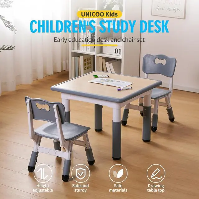 Alt view image 2 of 6 - Kids 23""x23"" Three Piece Study Table and Chairs Set, Height Adjustable Plastic Children Art Desk with 2 Seats, Kids Multipurpose Activity Table Set (Maple Top with Grey Border), KT-TCO1