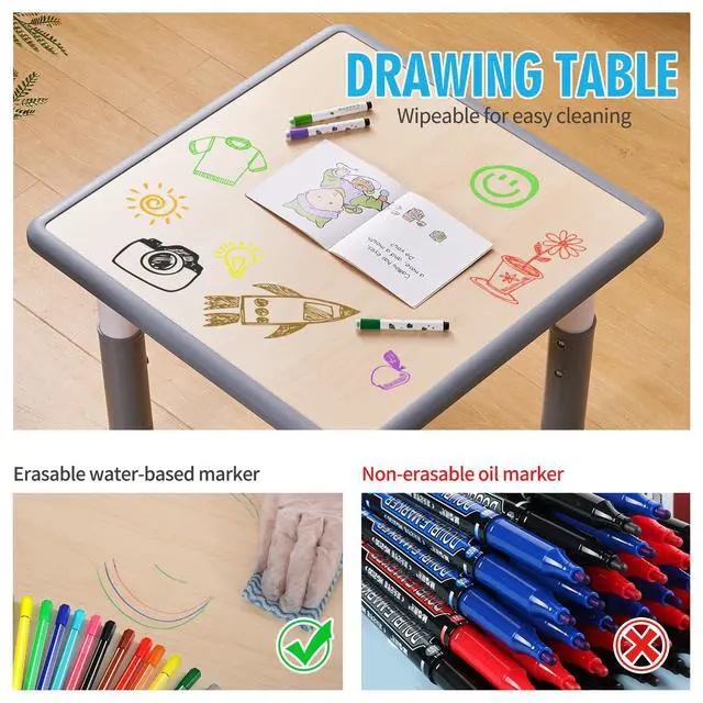 Alt view image 3 of 6 - Kids 23""x23"" Three Piece Study Table and Chairs Set, Height Adjustable Plastic Children Art Desk with 2 Seats, Kids Multipurpose Activity Table Set (Maple Top with Grey Border), KT-TCO1