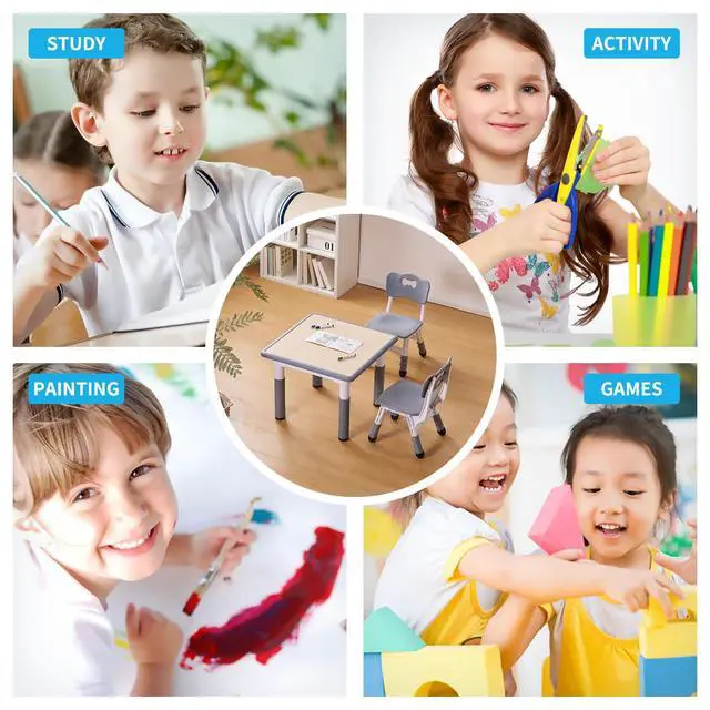 Alt view image 4 of 6 - Kids 23""x23"" Three Piece Study Table and Chairs Set, Height Adjustable Plastic Children Art Desk with 2 Seats, Kids Multipurpose Activity Table Set (Maple Top with Grey Border), KT-TCO1