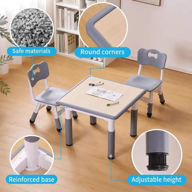 Alt view image 5 of 6 - Kids 23""x23"" Three Piece Study Table and Chairs Set, Height Adjustable Plastic Children Art Desk with 2 Seats, Kids Multipurpose Activity Table Set (Maple Top with Grey Border), KT-TCO1