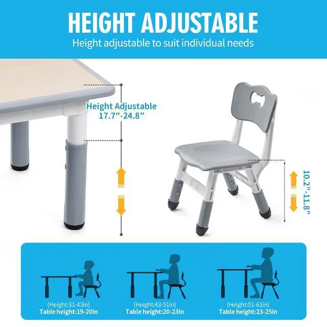 Alt view image 6 of 6 - Kids 23""x23"" Three Piece Study Table and Chairs Set, Height Adjustable Plastic Children Art Desk with 2 Seats, Kids Multipurpose Activity Table Set (Maple Top with Grey Border), KT-TCO1