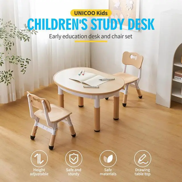 Alt view image 2 of 6 - Kids Round Activity Table and Chairs Set, Height Adjustable Plastic Children Art Desk with 2 Seats, Kids Set Table Set