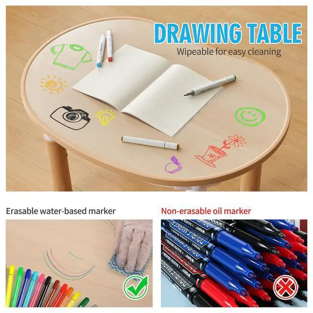 Alt view image 3 of 6 - Kids Round Activity Table and Chairs Set, Height Adjustable Plastic Children Art Desk with 2 Seats, Kids Set Table Set