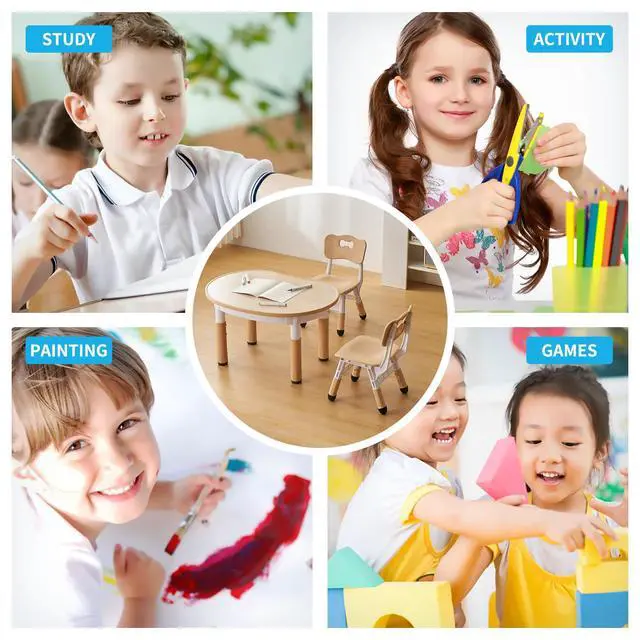 Alt view image 4 of 6 - Kids Round Activity Table and Chairs Set, Height Adjustable Plastic Children Art Desk with 2 Seats, Kids Set Table Set