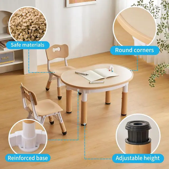 Alt view image 5 of 6 - Kids Round Activity Table and Chairs Set, Height Adjustable Plastic Children Art Desk with 2 Seats, Kids Set Table Set