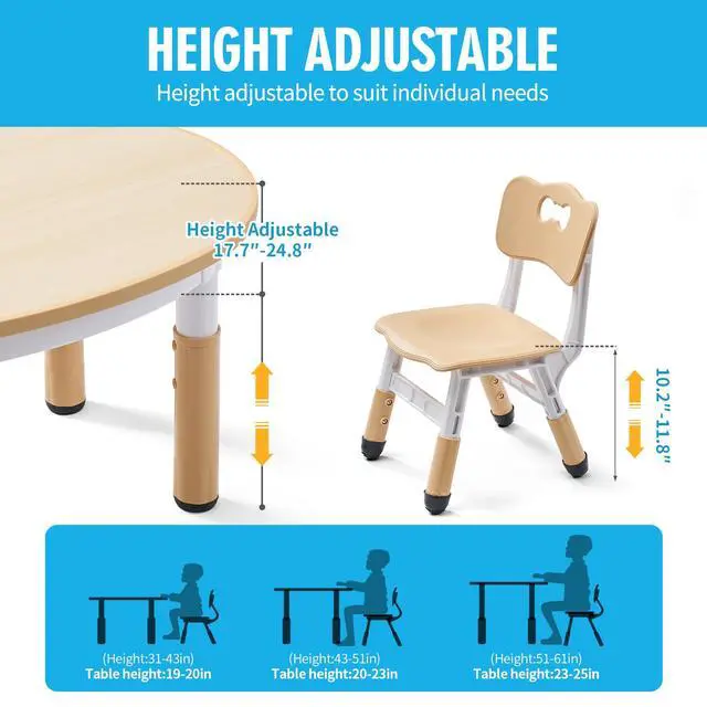 Alt view image 6 of 6 - Kids Round Activity Table and Chairs Set, Height Adjustable Plastic Children Art Desk with 2 Seats, Kids Set Table Set