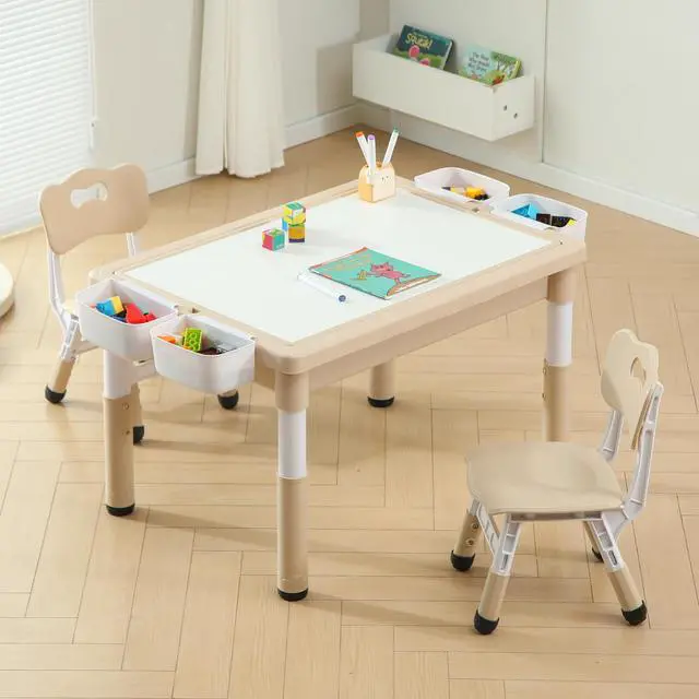 Main image of 4 in 1 Kids Table and Chairs Set, Toddler Activity Table with Storage, Graffiti & Building Blocks Double-Sided Tabletop, Multi Functional Tables and Chairs for Children Ages 3-6, Burlywood