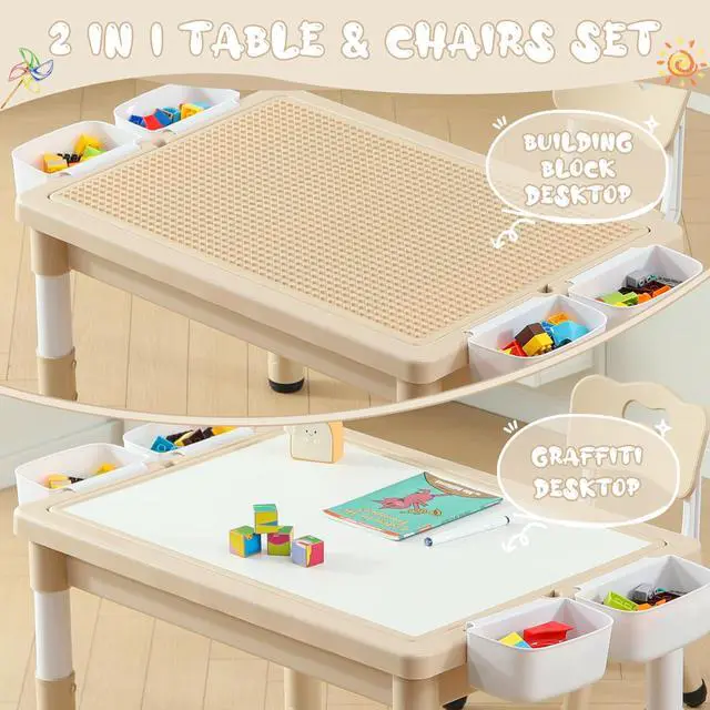 Alt view image 2 of 6 - 4 in 1 Kids Table and Chairs Set, Toddler Activity Table with Storage, Graffiti & Building Blocks Double-Sided Tabletop, Multi Functional Tables and Chairs for Children Ages 3-6, Burlywood