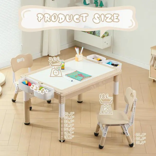 Alt view image 3 of 6 - 4 in 1 Kids Table and Chairs Set, Toddler Activity Table with Storage, Graffiti & Building Blocks Double-Sided Tabletop, Multi Functional Tables and Chairs for Children Ages 3-6, Burlywood
