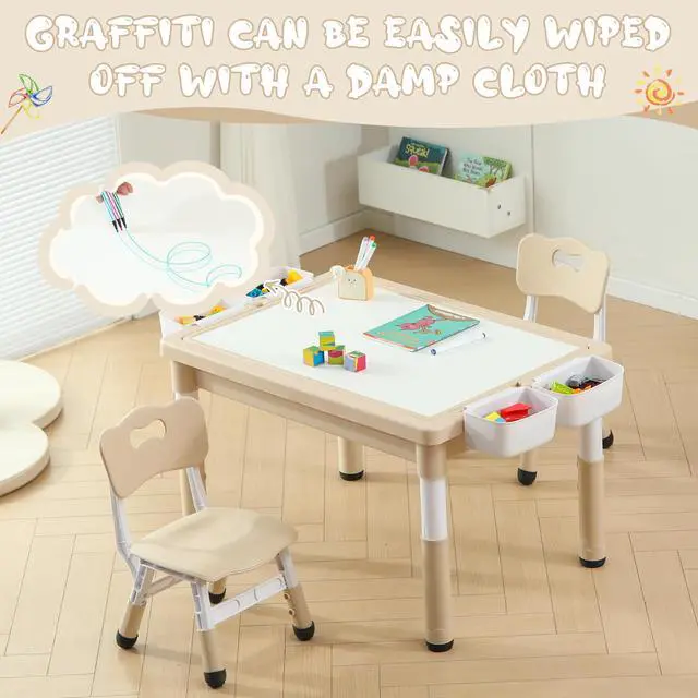 Alt view image 4 of 6 - 4 in 1 Kids Table and Chairs Set, Toddler Activity Table with Storage, Graffiti & Building Blocks Double-Sided Tabletop, Multi Functional Tables and Chairs for Children Ages 3-6, Burlywood
