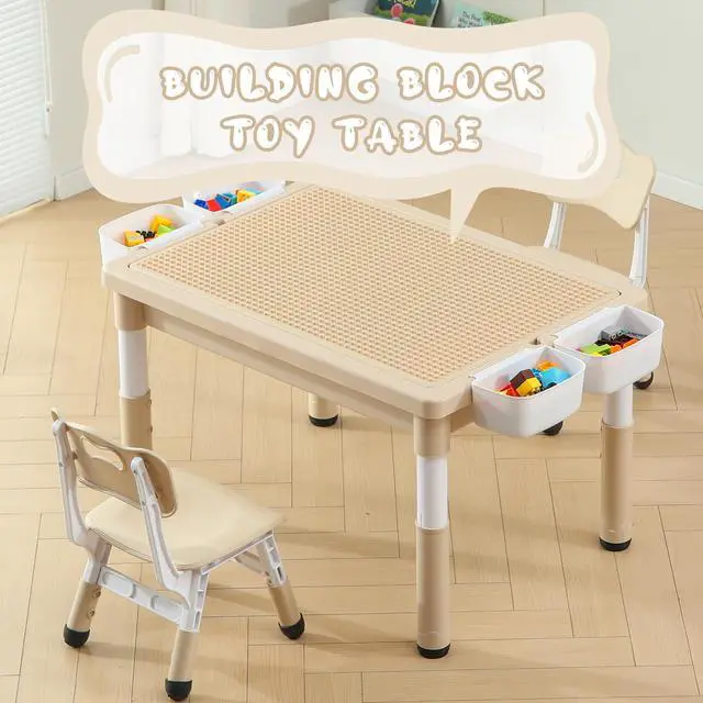 Alt view image 5 of 6 - 4 in 1 Kids Table and Chairs Set, Toddler Activity Table with Storage, Graffiti & Building Blocks Double-Sided Tabletop, Multi Functional Tables and Chairs for Children Ages 3-6, Burlywood