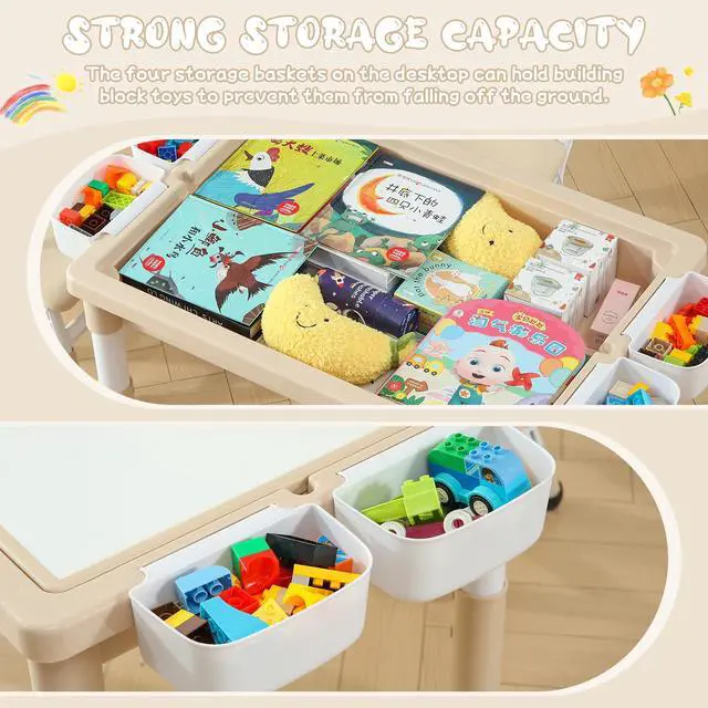 Alt view image 6 of 6 - 4 in 1 Kids Table and Chairs Set, Toddler Activity Table with Storage, Graffiti & Building Blocks Double-Sided Tabletop, Multi Functional Tables and Chairs for Children Ages 3-6, Burlywood