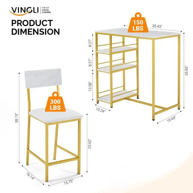 Alt view image 2 of 6 - Dining Table Set for 2, Kitchen Breakfast Counter Height Small 3 Piece Bar Table and Chairs Set with Storage, White Imitation Marble, Golden Frame