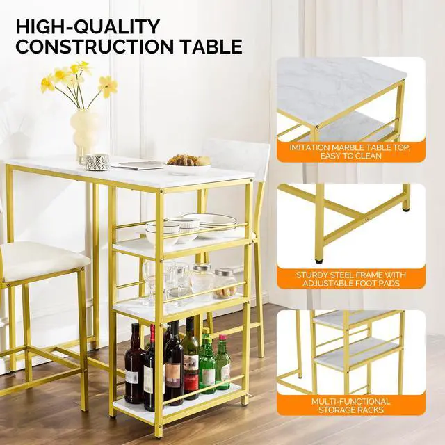 Alt view image 3 of 6 - Dining Table Set for 2, Kitchen Breakfast Counter Height Small 3 Piece Bar Table and Chairs Set with Storage, White Imitation Marble, Golden Frame