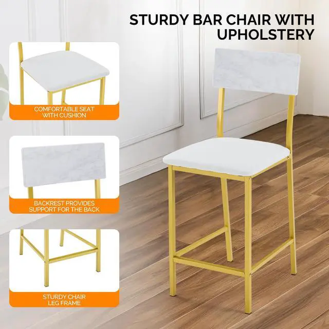 Alt view image 4 of 6 - Dining Table Set for 2, Kitchen Breakfast Counter Height Small 3 Piece Bar Table and Chairs Set with Storage, White Imitation Marble, Golden Frame