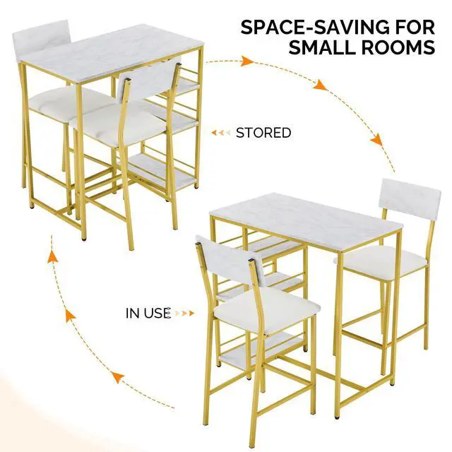 Alt view image 5 of 6 - Dining Table Set for 2, Kitchen Breakfast Counter Height Small 3 Piece Bar Table and Chairs Set with Storage, White Imitation Marble, Golden Frame