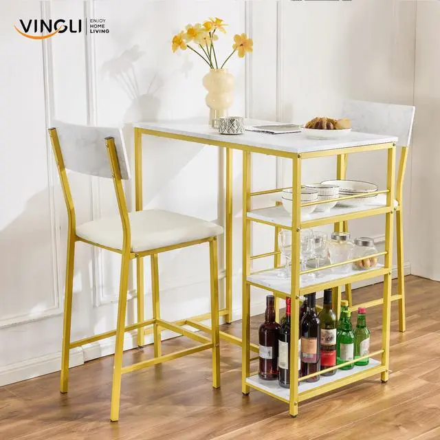 Alt view image 6 of 6 - Dining Table Set for 2, Kitchen Breakfast Counter Height Small 3 Piece Bar Table and Chairs Set with Storage, White Imitation Marble, Golden Frame
