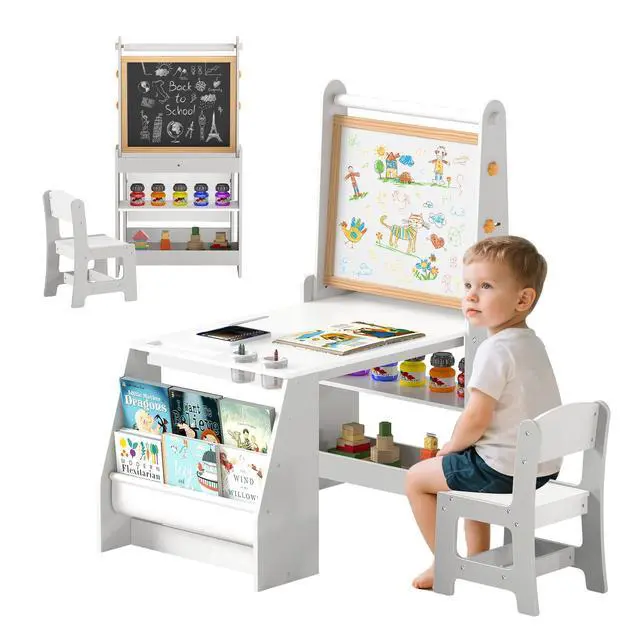 Main image of Kids Art Table, Wooden Arts and Crafts Activity Set w/Adjustable Magnetic Whiteboard & Chalkboard, Paper Roll, Bookshelves & Storage Shelves, Toddler Table and Chair Set (Gray)