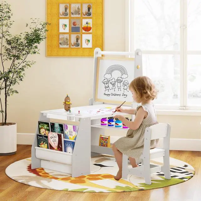 Alt view image 2 of 6 - Kids Art Table, Wooden Arts and Crafts Activity Set w/Adjustable Magnetic Whiteboard & Chalkboard, Paper Roll, Bookshelves & Storage Shelves, Toddler Table and Chair Set (Gray)