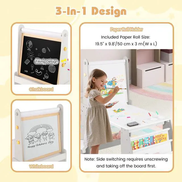 Alt view image 3 of 6 - Kids Art Table, Wooden Arts and Crafts Activity Set w/Adjustable Magnetic Whiteboard & Chalkboard, Paper Roll, Bookshelves & Storage Shelves, Toddler Table and Chair Set (Gray)